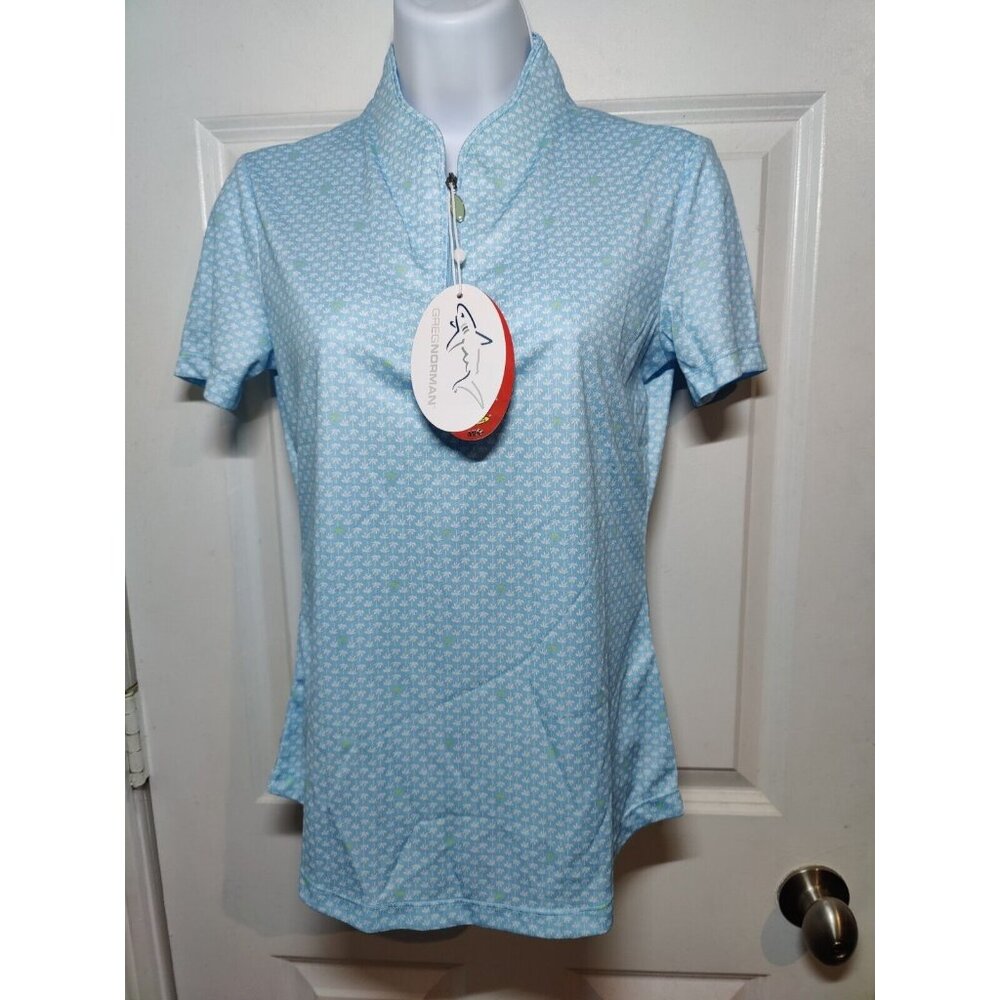 Greg Norman ML75 Play Dry Blue White Palm Print Women's 1/4-Zip Golf Topβ XS NWT